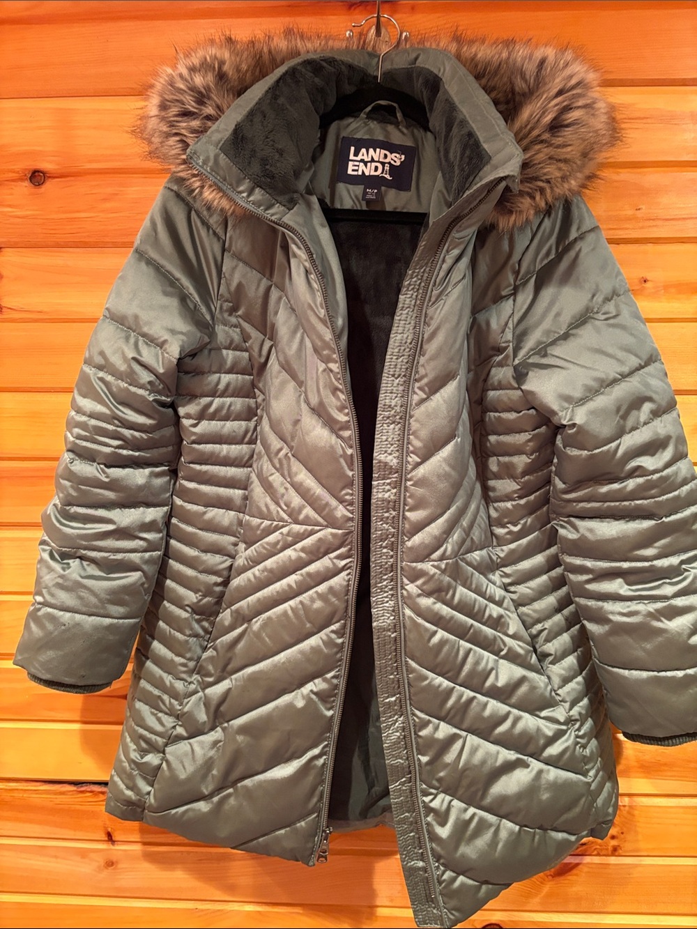 Lands' End Olive Green Quilted Puffer Jacket with Faux Fur Hood